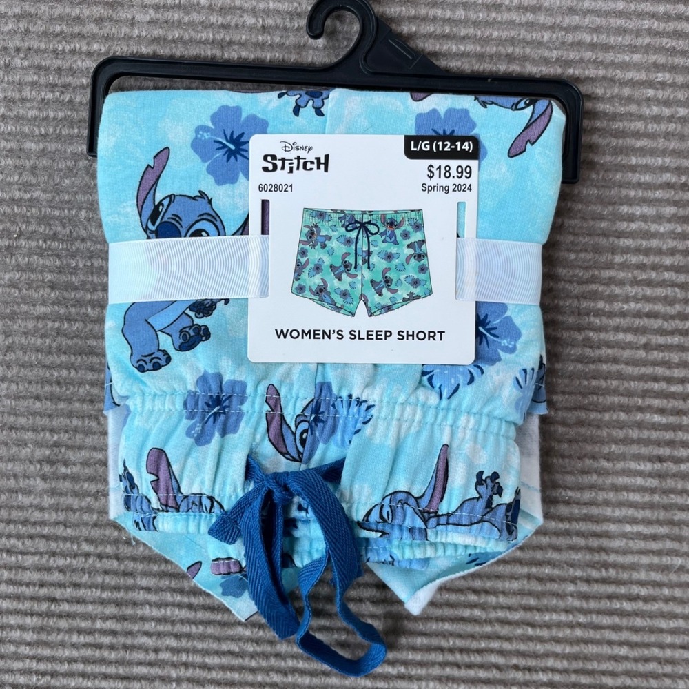 Disney Stitch Women Sleep Shorts Blue Floral Tropical‎ Pajama L Large 12-14 NEW